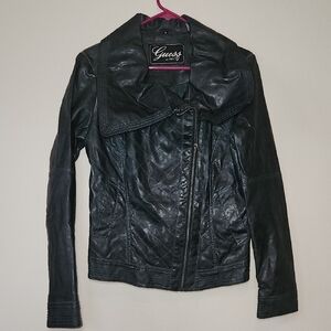 Guess Women Dark Green (Nearly Black) Faux Leather Jacket Sz M Asymmetric Zipper